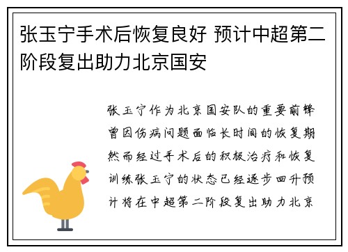 张玉宁手术后恢复良好 预计中超第二阶段复出助力北京国安